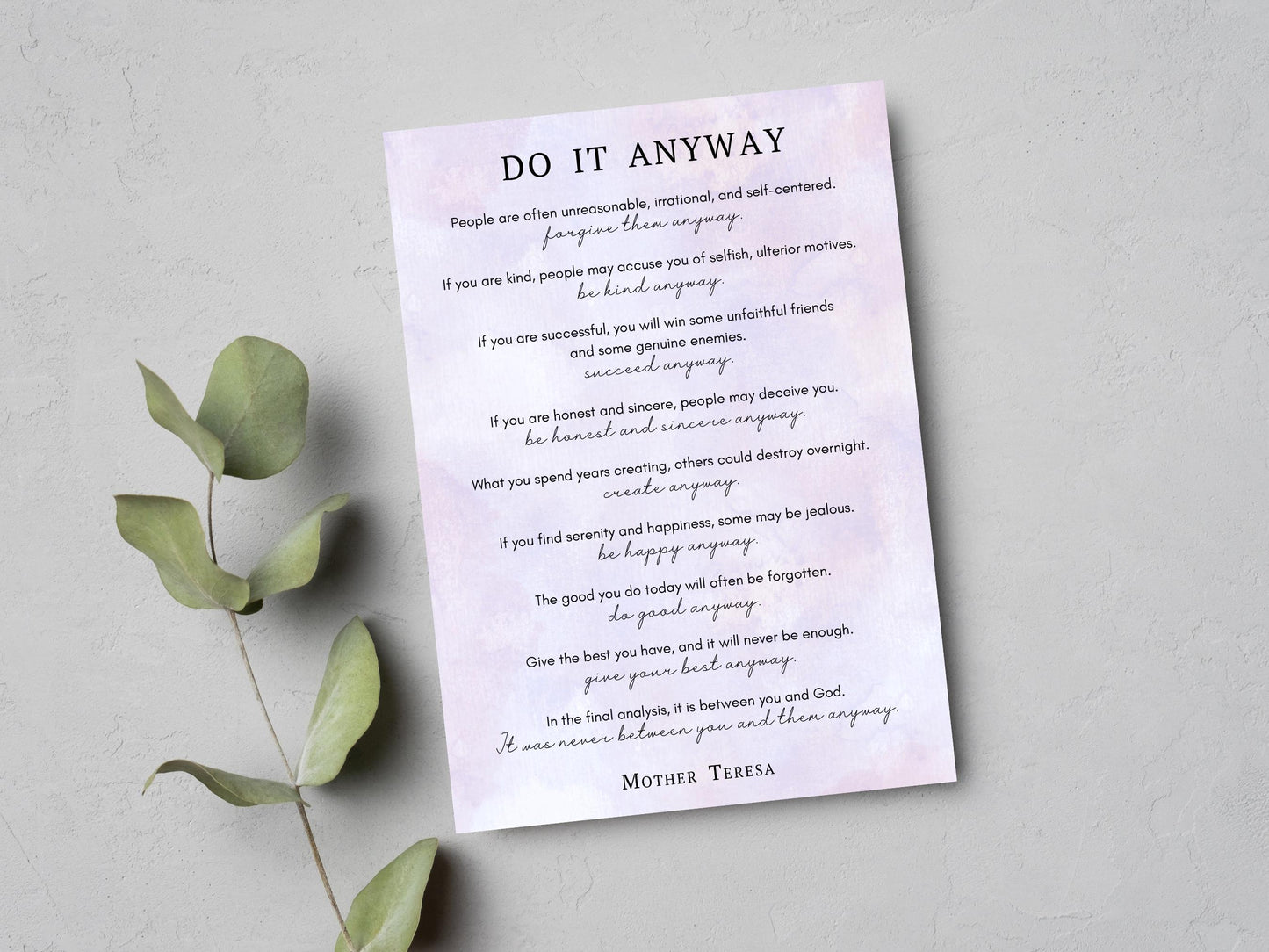 Do It Anyway Prayer by St. Mother Teresa | Catholic Gifts | Catholic Prayers | Mother Teresa
